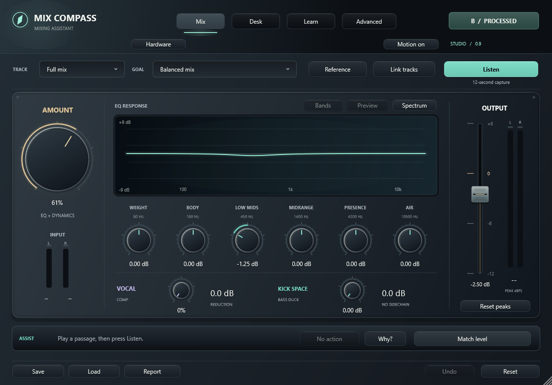 The current mixing assistant prototype, with EQ knobs, a response graph, and an output fader